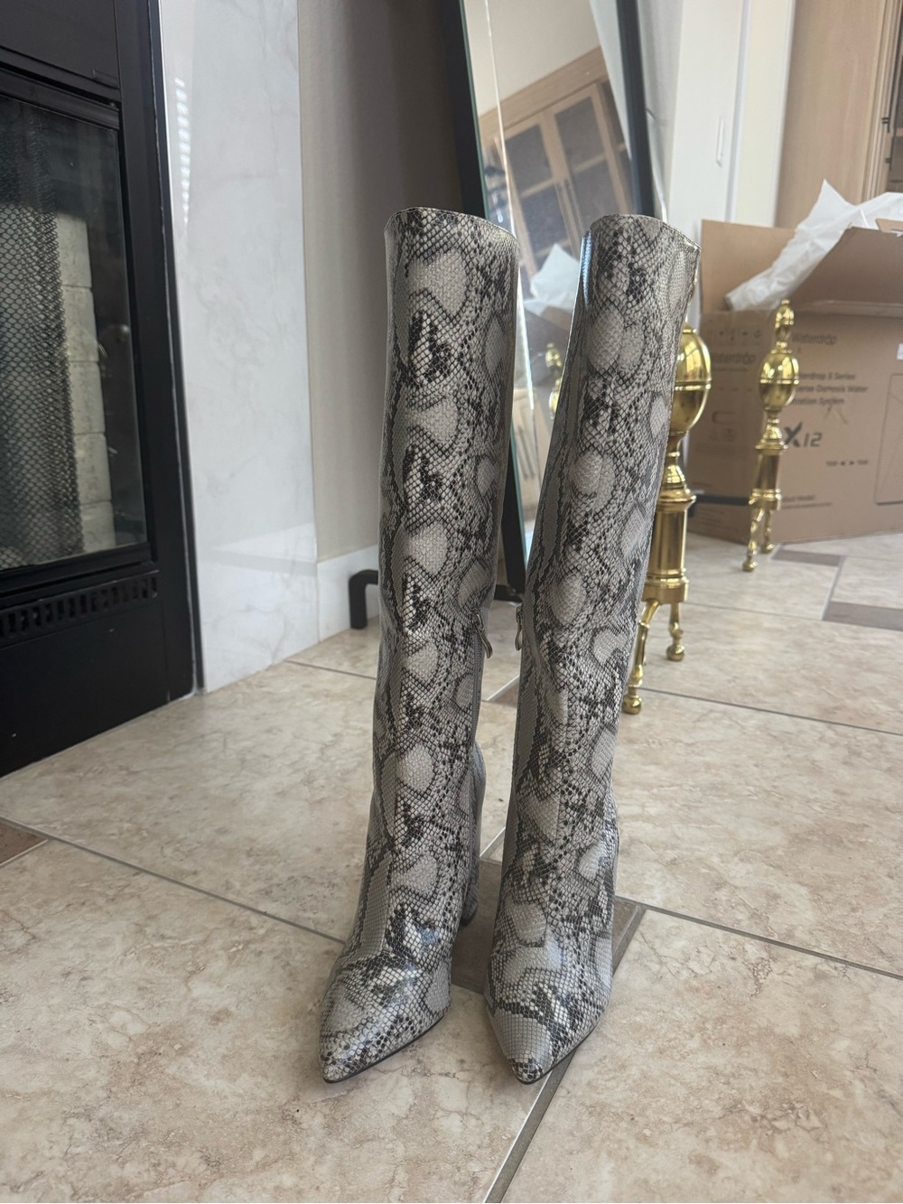 Over-the-Knee Snake-Print Pointed Toe Boots - Gray